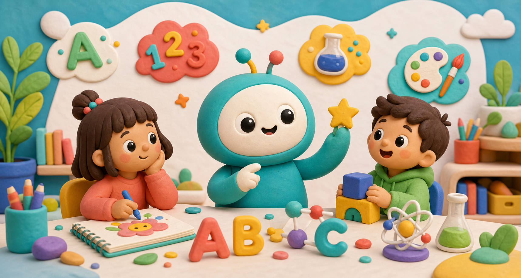 A friendly illustrated AI tutor with playful learning objects.